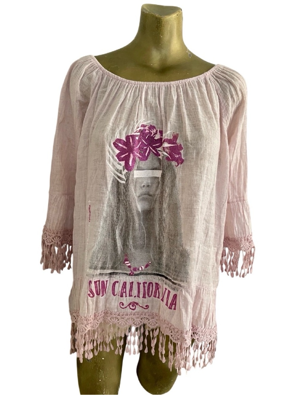Au Soleil de SAN TROPEZ Linen Boho Off Shoulder Peasant Tunic Cover-Up TOP O/S